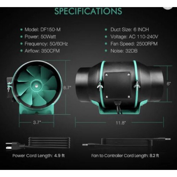 Канальний вентилятор Mars Hydro DF150-S з виносним контролером для вентиляції
